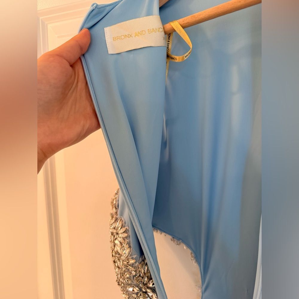 NWOT BRONX AND BANCO Camila Rhinestone Cutout Maxi Dress in powder blue - Picture 13 of 14